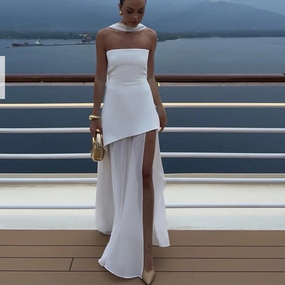 White Strapless Dress with neck scarf